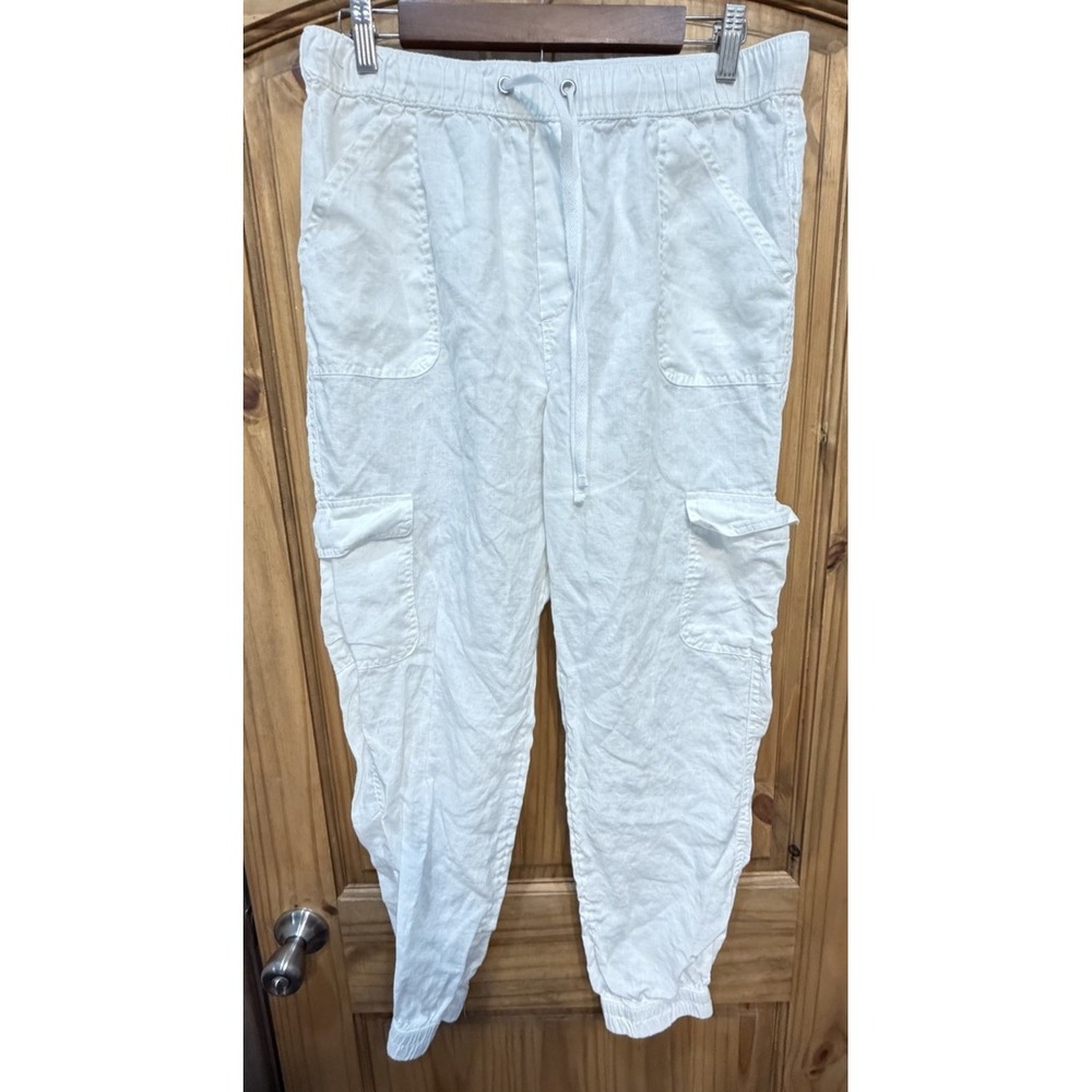 Nicole Miller Linen Cargo Jogger Pants White Coastal Resort L